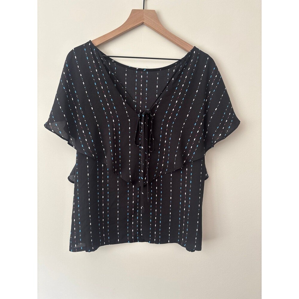 Loft Medium Black Pattern Flowy Short Sleeve Blou… - image 2